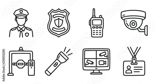 Security Icons: Guard, Badge, Radio, Camera, Gate, Flashlight, Monitor, ID Card