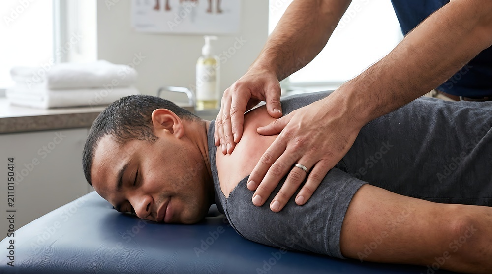 Fototapeta premium Man receiving professional shoulder massage in a clinical setting