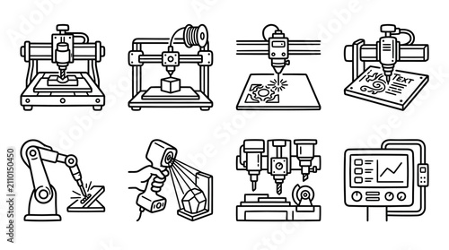 Obraz na plátně 3D Printer, CNC Machine, Robot Arm, Laser Engraver Icons Set