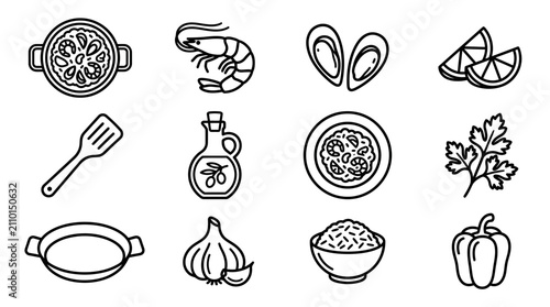 Food Icons: Paella Ingredients and Cooking Utensils Line Art