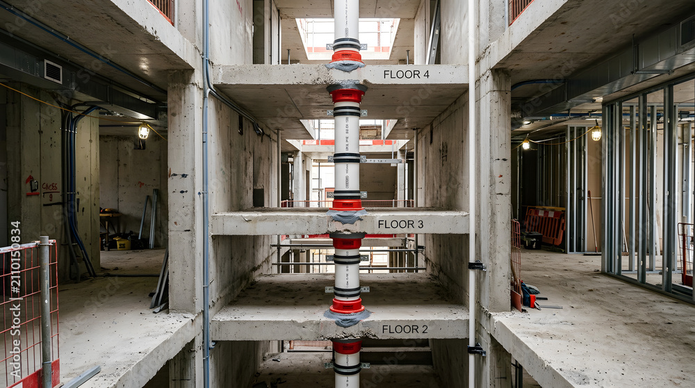 Obraz premium modern high-rise building construction site interior | vertical plumbing pipe installation with fire collars | multi-story concrete floor structure under development | commercial building MEP