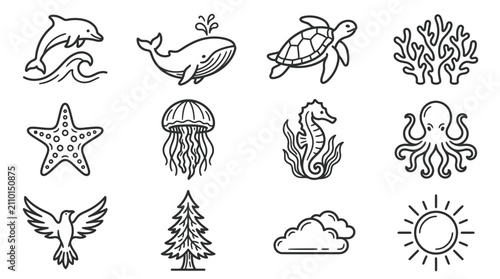 Cuadro en lienzo Ocean Life Icons: Dolphin, Whale, Turtle, Starfish, Jellyfish, Seahorse, Octopus
