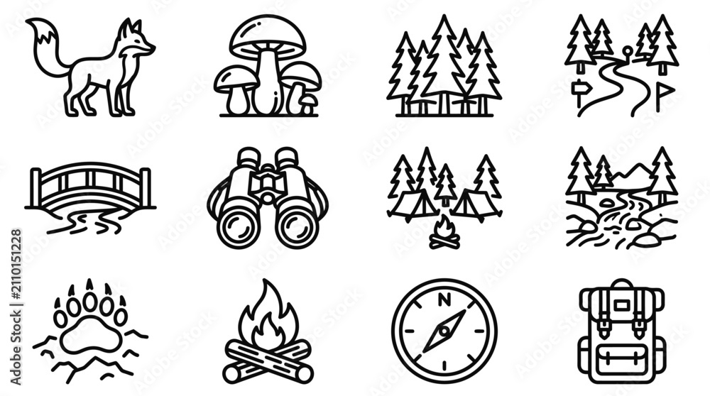 Obraz premium Outdoor Adventure Icons: Fox, Forest, Camping, Hiking, Nature Symbols Set