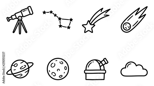 Hand-drawn icons of space and astronomy: telescope, constellation, shooting star, comet, planet, moon, observatory, cloud.