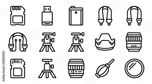 Photography Accessories Icons: SD Card, USB, Battery, Tripod, Lens, Strap, Blower