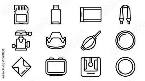 Bild auf Leinwand Photography Equipment Icons: Camera Gear Set, Digital Imaging Accessories Collec