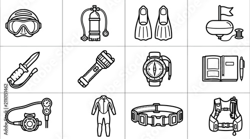 Bild auf Leinwand Scuba Diving Gear Icons Set: Mask, Tank, Fins, Knife, Light, Compass, Wetsuit, B