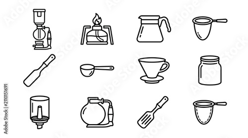 Schilderij op canvas Coffee Making Equipment Icons: Siphon, Pour Over, Burner, Grinder, Jars, Filters