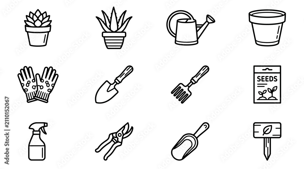 Fototapeta premium Gardening Icons Set: Plants, Tools, Watering Can, Seeds, Gloves, Pots