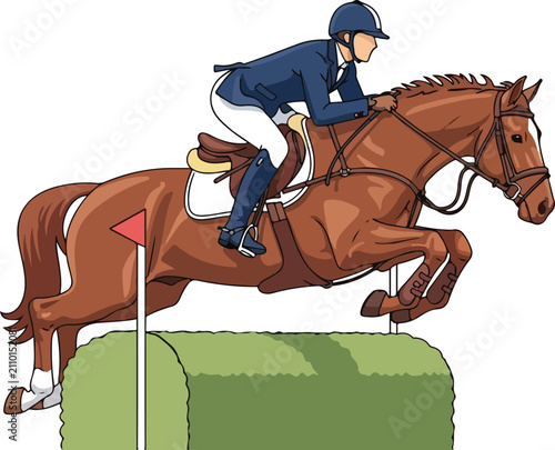 Obraz na plátně Professional equestrian jumping a hedge fence on a brown horse.