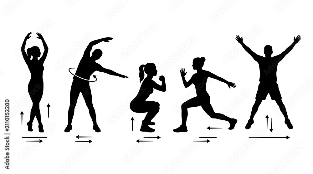 Obraz premium Fitness exercise silhouettes with motion arrows, workout instruction icons for gym training, black human figures performing squats and jumping jacks