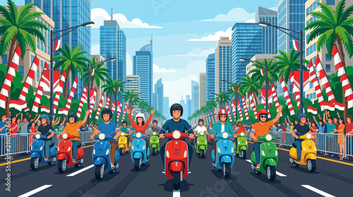 A group of people wearing helmets ride colorful scooters down a wide city avenue lined with tall skyscrapers and palm trees under a bright blue sky.