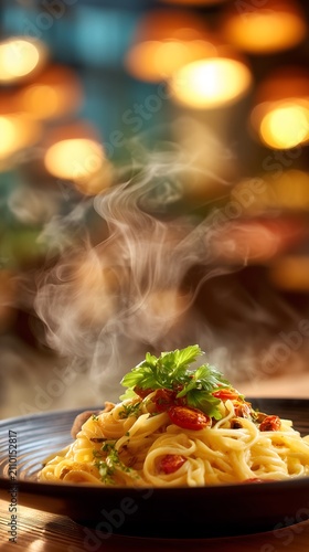 Delicious spaghetti served piping hot, topped with a rich tomato sauce and fresh basil leaves.