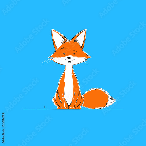 Cute smiling fox cartoon illustration on blue background