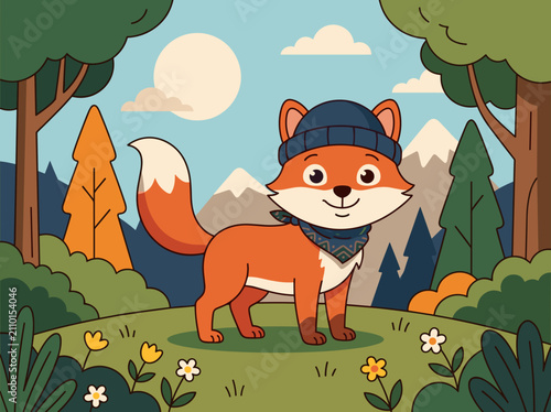 Cute fox wearing beanie in forest cartoon illustration