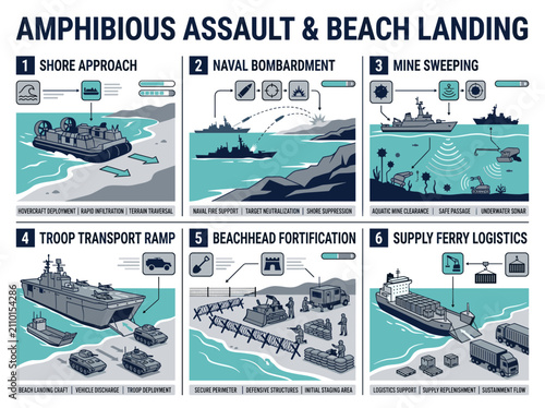 Konstfotografi Naval amphibious assault forces deploy onto the beach shore during coordinated i