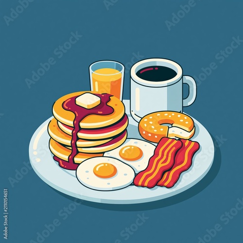 Plate serving pancakes, bacon, eggs, coffee, and orange juice for breakfast