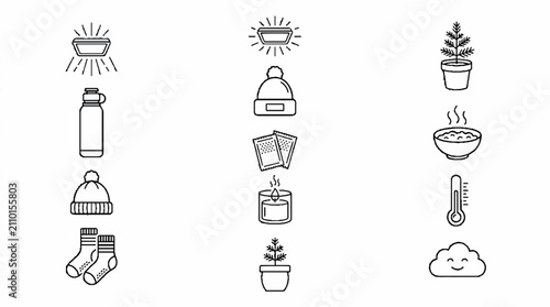 A collection of hand drawn winter and cozy themed doodle icons.