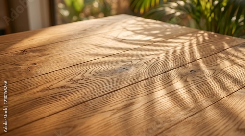 A rustic wooden table surface with natural sunlight casting beautiful palm leaf shadows in a tropical setting