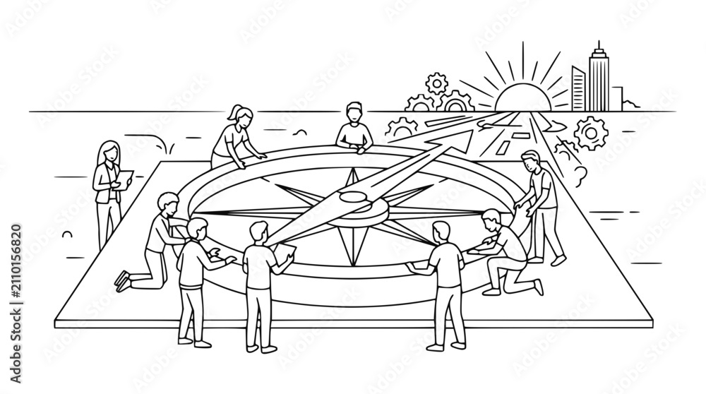 Fototapeta premium Business team collaborating to set strategic direction with a large compass