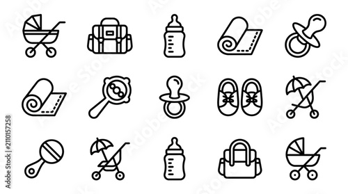Konstfotografi Baby Essentials Icons: Stroller, Bottle, Pacifier, Diaper Bag, Rattle, Shoes, Ma