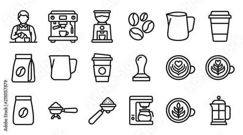 Fotografía Coffee Icons Collection: Barista, Machine, Beans, Latte Art, French Press, Grind