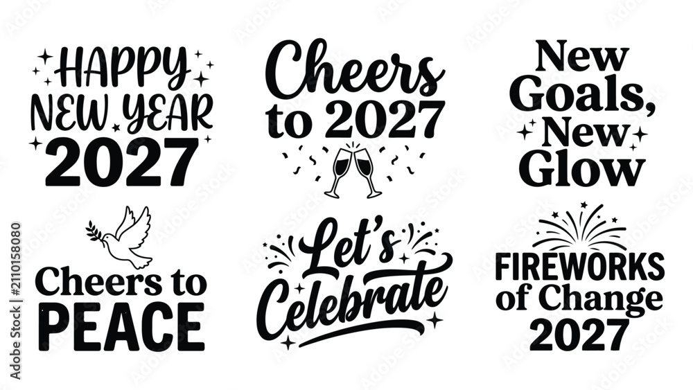 Obraz premium Set of decorative happy new year 2027 typography quotes with festive icons with celebrations