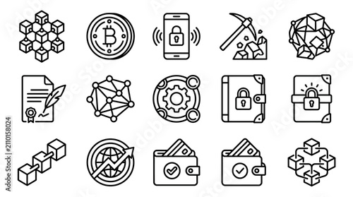 Konstfotografi Blockchain Technology Icons: Bitcoin, Mining, Security, Wallet, Network, Contrac