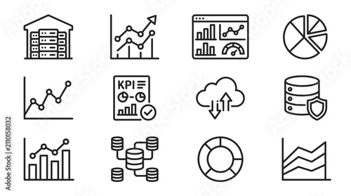 Business Data Icons Set: Charts, Graphs, Cloud, Database, KPI, Analytics