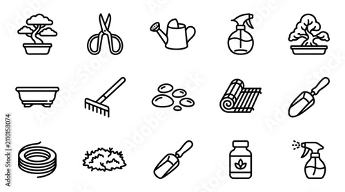 Fotografie Bonsai Tree Care Icons: Tools, Plants, and Supplies for Miniature Gardening