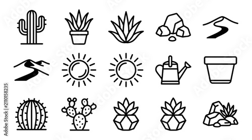 Foto Desert Flora Icons: Cactus, Succulent, Sun, Rocks, Watering Can & Landscape