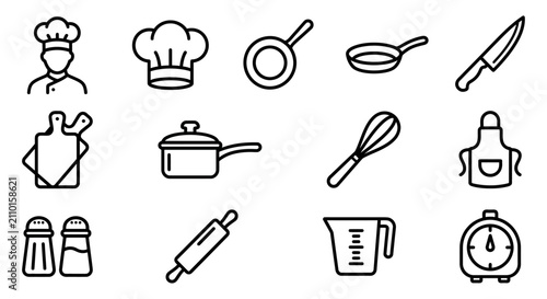Foto Kitchen Utensils Icons Set: Chef, Hat, Pans, Knife, Cutting Board, Pot, Whisk, A