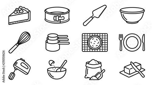 Obraz na płótnie Baking Icons: Cake, Utensils, Ingredients and Tools Set - Vector Illustration