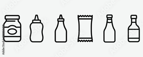 Fotografía Set of black and white line art icons representing various condiment bottles and