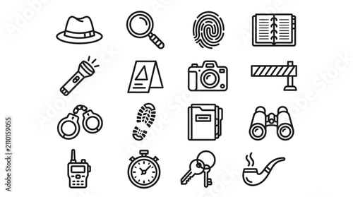 Detective Icons Set: Magnifying Glass, Fingerprint, Camera, Handcuffs, Binoculars, Hat