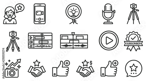 Vlogger Icons: Camera, Microphone, Ring Light, Video Editing, Subscribers, Likes