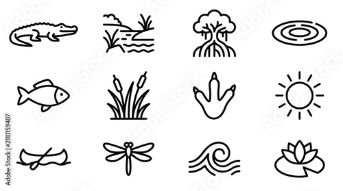 Nature Icons: Alligator, Swamp, Fish, Dragonfly, Lotus, Canoe, Sun, Water, Footprint
