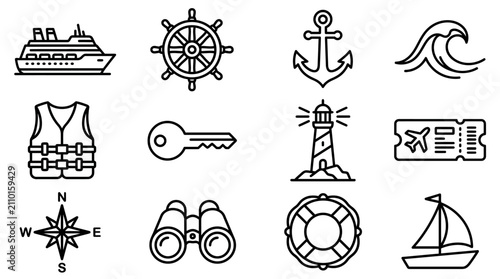 Nautical Icons Set: Cruise Ship, Anchor, Compass, Lighthouse, Sailboat, Wave, Life Vest, Key