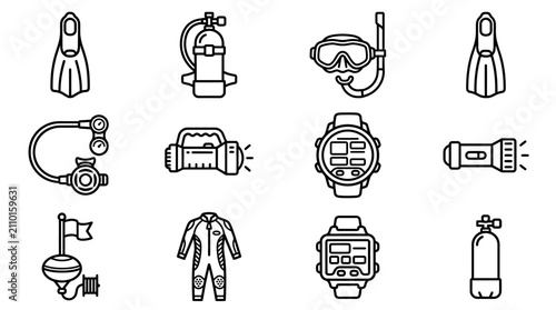 Foto Scuba Diving Equipment Icons Set: Snorkel, Fins, Mask, Regulator, Gear Collectio