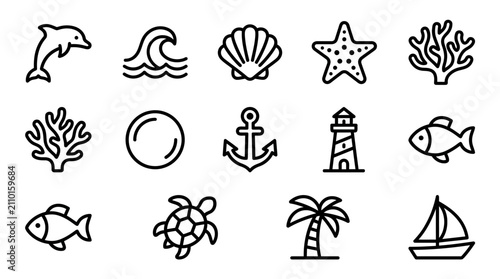 Nautical Icons Set: Dolphin, Wave, Shell, Starfish, Coral, Pearl, Anchor, Lighthouse, Fish, Turtle, Palm Tree, Sailboat