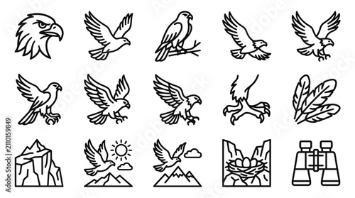 Konstfotografi Eagle Icon Set: Bird of Prey Line Art Collection for Nature and Wildlife Graphic