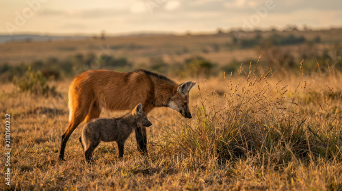 Maned wolf mother and cub walking through dry grass field.