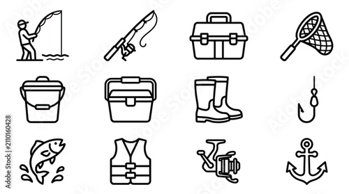 Cuadro en lienzo Fishing Gear Icons: Fisherman, Rod, Tackle Box, Net, Bucket, Boots, Hook, Fish,