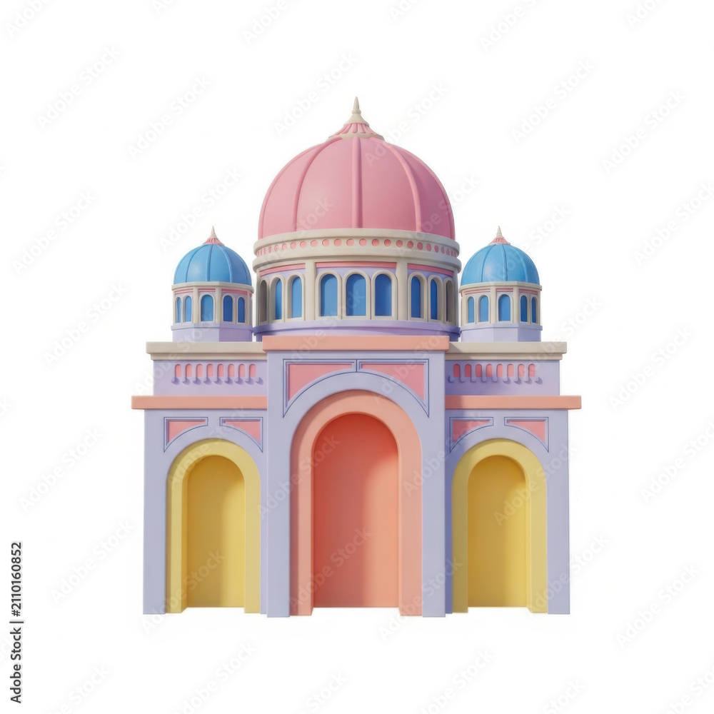 Fototapeta premium A whimsical 3D render of a pastel colored mosque building with distinct domed roofs isolated