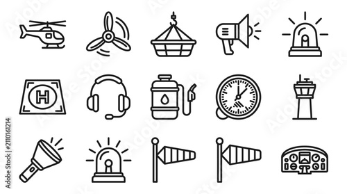 Foto Aviation Icons Set: Helicopter, Propeller, Hangar, Control Tower, Cockpit, Fuel,