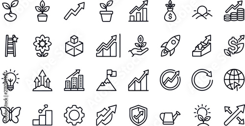 Set of business growth and development doodle icons showing financial success chart arrows startup ideas and investment signs for web design