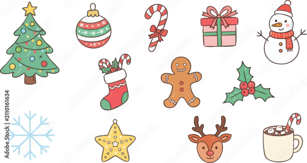 Fototapeta premium Christmas doodles set, hand drawn cartoon design element for winter holiday card, banner or poster with festive symbols on transparent background