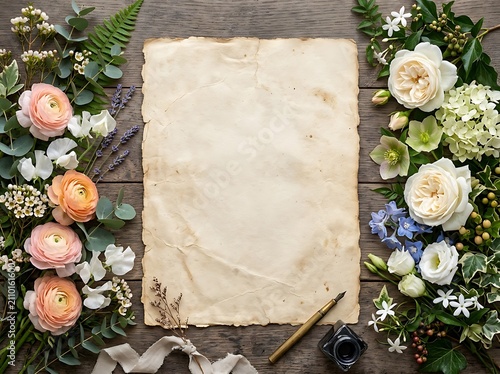 Vintage parchment paper surrounded by fresh flowers and greenery on a wooden table aged