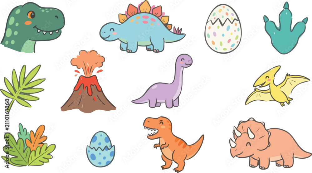 Fototapeta premium Cute cartoon dinosaur collection set with volcano and footprints in doodle style