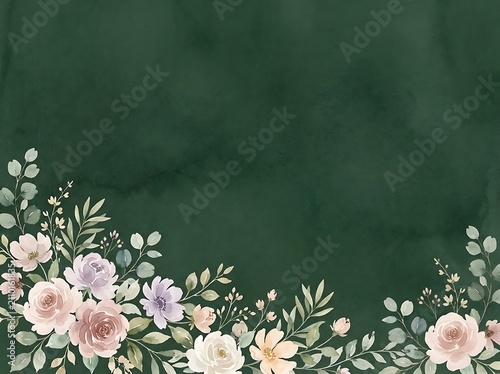 Watercolor floral arrangement with soft pink and purple flowers on a dark green bouquet